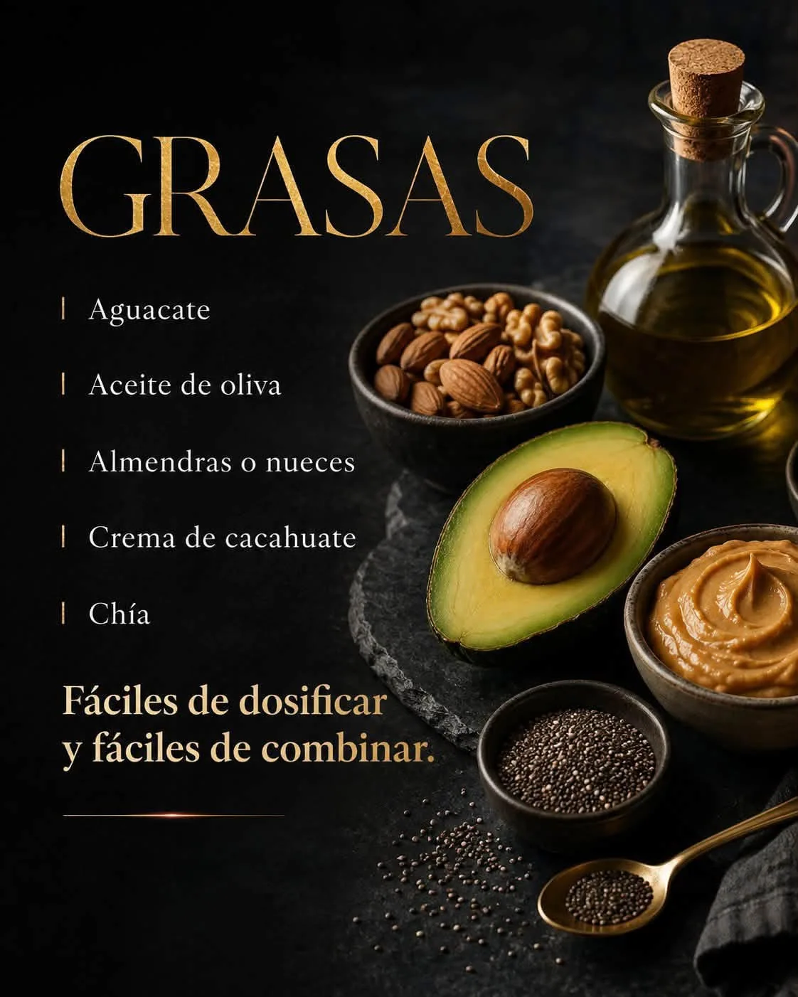 Grasas alimentarias: aguacate, aceite de oliva y nueces