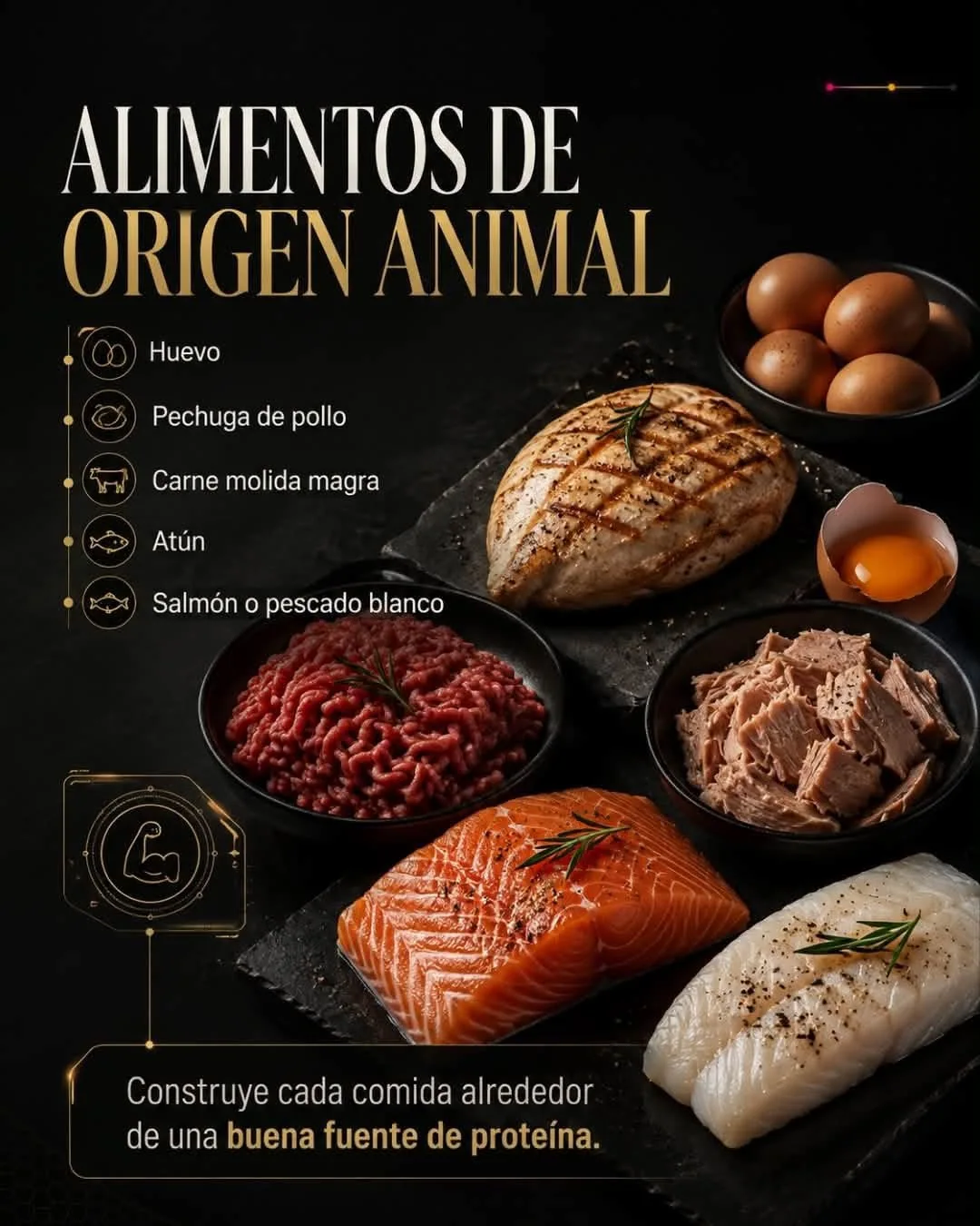 Fuentes de proteína: huevo, pollo y pescado